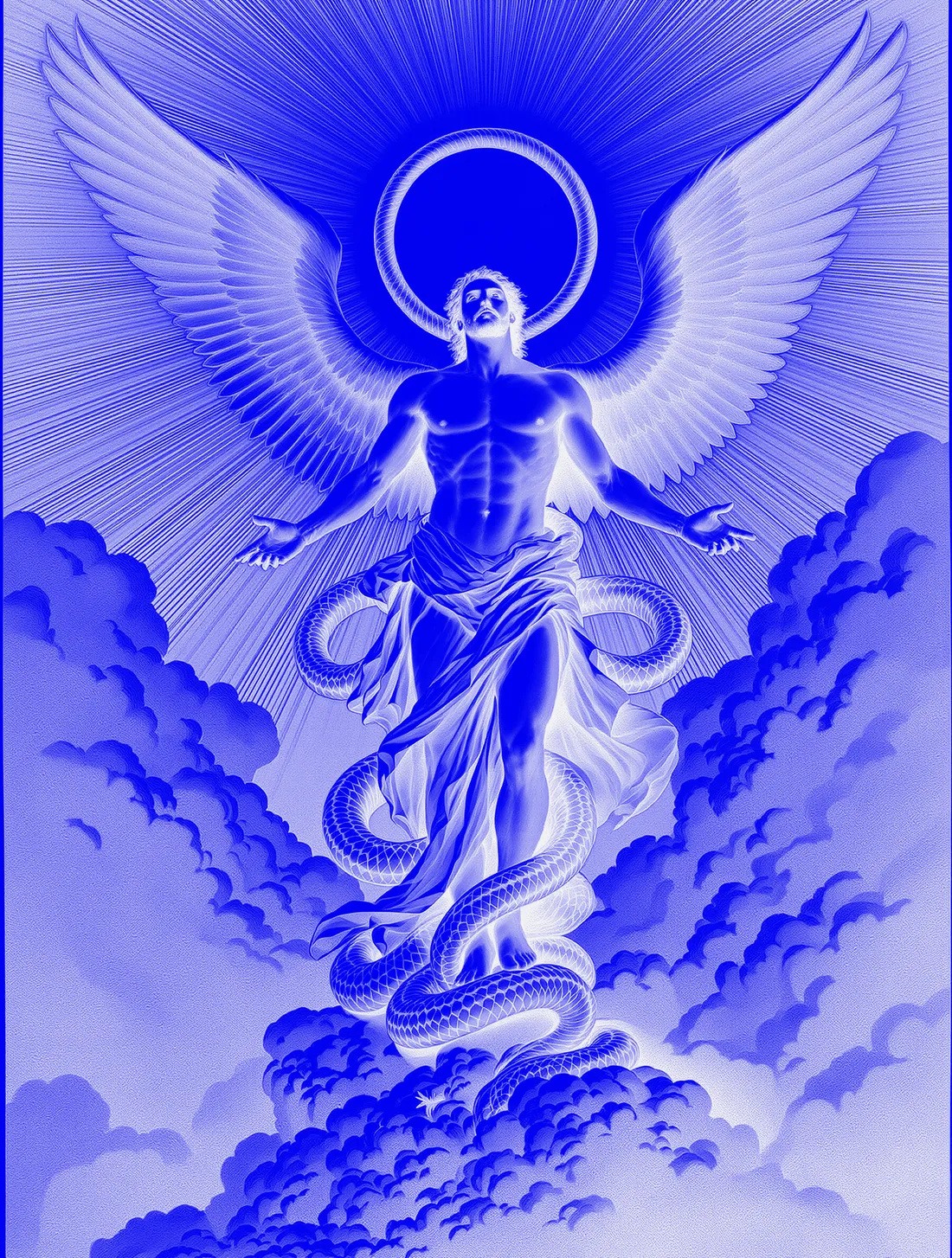 Engraving of a winged figure with a halo rising from clouds, a serpent coiled around his legs