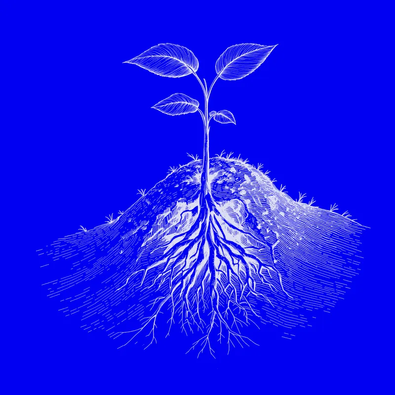 Engraving of a young plant sprout with visible roots